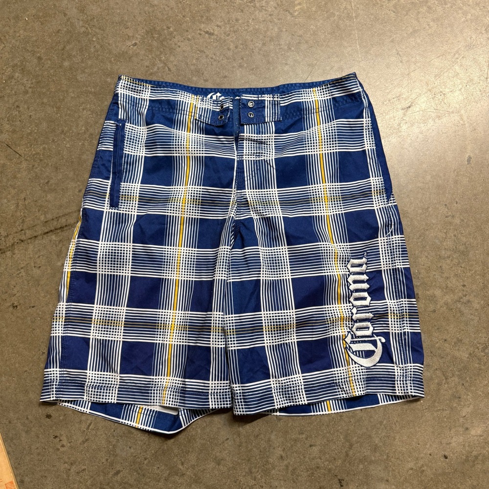 Corona Extra Mens Plaid Board Shorts Blue White Swim Trunks Size XL Embroidered